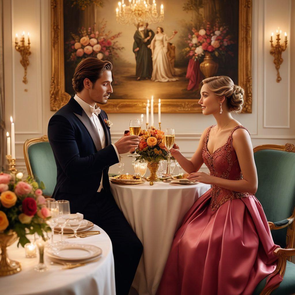 A luxurious candlelit dinner setting with two elegantly dressed individuals sharing a toast, surrounded by opulent decor, reflecting mutual respect and attraction. In the background, soft classical music elements and exquisite flower arrangements accentuate the romantic atmosphere. Include hints of fine art on the walls, symbolizing culture and sophistication. super-realistic. vibrant colors. soft focus.