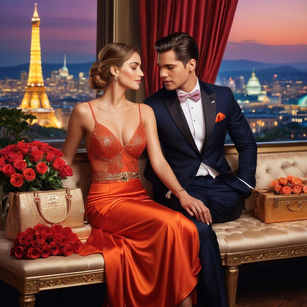 A glamorous scene depicting a confident woman enjoying a luxurious lifestyle, surrounded by symbols of wealth like designer bags and sparkling champagne. In the background, an elegantly dressed man offers her a bouquet of roses, representing support and style. Soft lighting highlights their cheerful expressions, while a city skyline suggests an exciting life. The composition should evoke a sense of modern romance and empowerment. super-realistic. vibrant colors. elegant atmosphere.